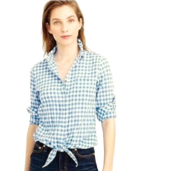 J.Crew NWT Blue White Check Tie Front Button Down Blouse Size 8 - Picture 1 of 7